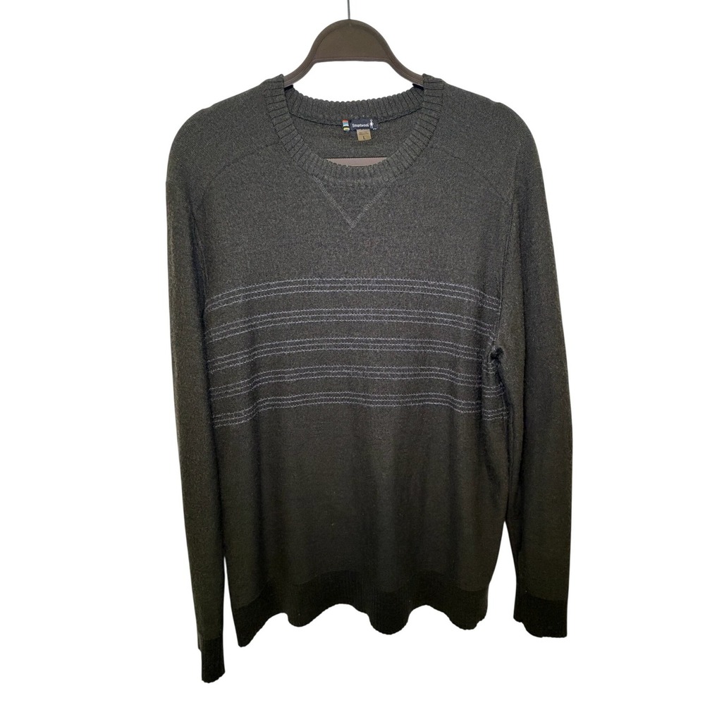 Smartwool Men's Merino Wool Crewneck Sweater Charcoal Gray Stripe Winter Size L